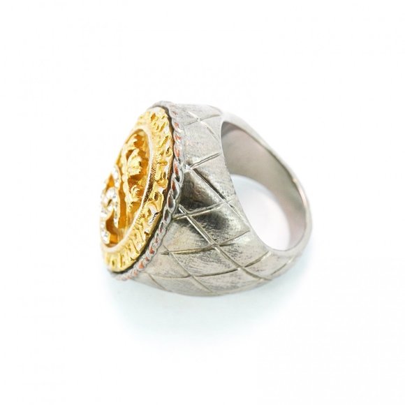 CHANEL Band Ring Coco Mark Oval GP Plated Metal Rhinestone Gold Silver Size 6 - Picture 10 of 10